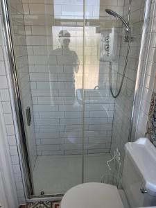 a bathroom with a shower stall with a toilet at Cornwall Large Beach House Sea & Beach Views - 4 Bedrooms & 3 Bathrooms in Looe +43 photos