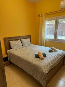 a bedroom with a bed with two pillows and a window at Vergi Apartments in Pyla