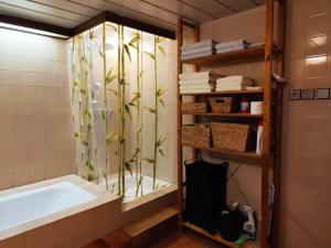 a bathroom with a bath tub and a plant at Garden Apartment in Brno