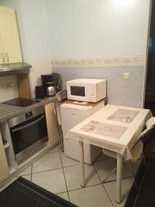 レーゲンスブルクにあるApartment Barbaraのテーブルと電子レンジのある小さなキッチン