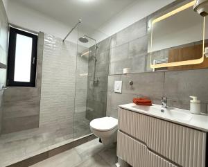 a bathroom with a toilet and a sink and a shower at Zen apartmanház Gyula in Gyula