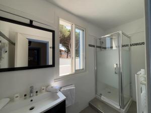 Un baño con ducha, lavabo y espejo. en Hotel Bellevue, en Saint-Florent