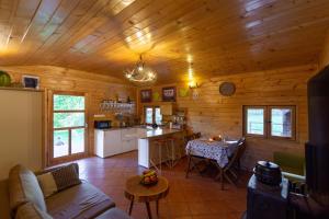 eine Küche und ein Wohnzimmer eines Blockhauses in der Unterkunft Januszówka - ranczo turystyczne in Wielki Klińcz