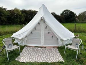 a white tent with two chairs in a field at Pear Tree Bell tent in Charlton