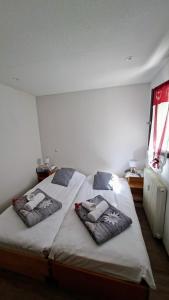 ein Schlafzimmer mit 2 Betten mit Kissen darauf in der Unterkunft La loge - EN PLEIN COEUR DU VILLAGE in Saint-Gervais-les-Bains