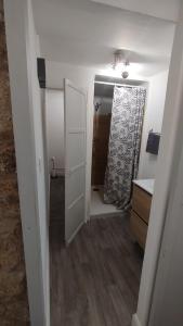 einen Flur mit Bad mit Dusche und Spiegel in der Unterkunft T2 type new yorkais in Ajaccio