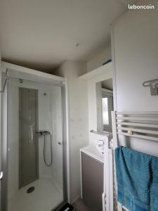 a bathroom with a shower and a sink at Mobilhome Clim Toboggans aquatiques in La Teste-de-Buch