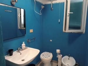 een blauwe badkamer met een wastafel en een toilet bij Villa Voltina in Livorno +4 foto's