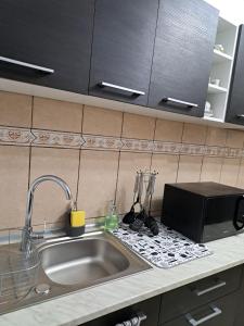 a kitchen counter with a sink and a microwave at Mia Apartments in Craiova +26 photos