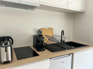 Una encimera de cocina con fregadero y microondas. en L'Échappée Verte - appartement 1 chambre, en Saint-Méloir-des-Ondes 4 fotos más