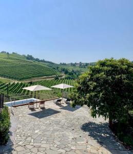 a patio with tables and umbrellas in front of a vineyard at A casa dei Nonni in Neive