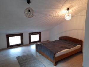 a bedroom with a bed in a room with two windows at Lotru Relax Chalet in Malaia