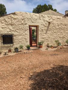 een stenen gebouw met een deur en enkele planten bij Casa Burga in Perelló