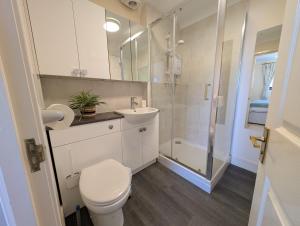 a bathroom with a toilet and a shower and a sink at 19 Seaview Bay - Charming Seafront Apartment on the Isle of Wight in Seaview +20 photos
