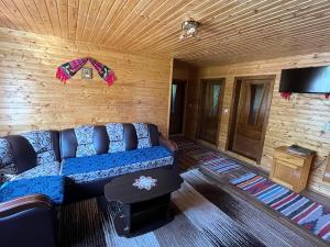 a living room with a blue couch in a room at Cabana Sânziana in Gîrda de Sus
