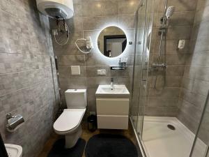 a bathroom with a toilet and a shower and a sink at Smart House Apartments in Lviv