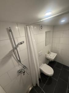 un bagno con doccia, WC e lavandino di Gasthaus Tisis a Feldkirch