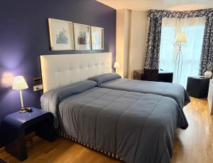 ein Schlafzimmer mit einem großen Bett und einer blauen Decke in der Unterkunft Hotel Bouza in Ribadeo