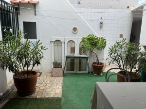 a courtyard with green grass and plants in a building at Beautiful 3-Bed House in Tavira In the city center in Tavira