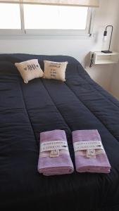 ein schwarzes Bett mit zwei lila Kissen darauf in der Unterkunft La agreste in Villa Yacanto