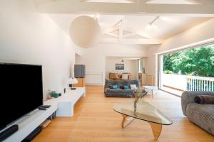 un soggiorno con una grande TV a schermo piatto di Villa Piscine Entre Lac et Océan a Soorts-Hossegor