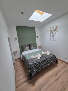 a bedroom with a bed and a skylight at L'Enclos de Nathalie et Jacques in Rieux-Minervois +34 photos