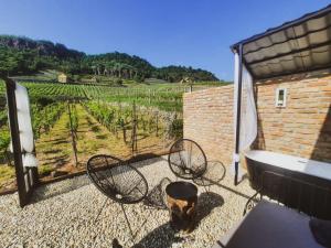 a patio with two chairs and a view of a vineyard at Csipke Somló Vendégház in Somlóvásárhely