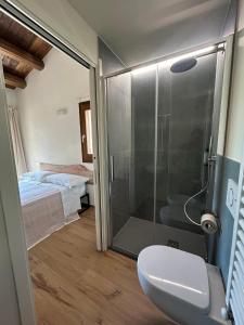 a bathroom with a shower and a toilet and a bed at Oltretempo Agriturismo in Sarsina +13 photos
