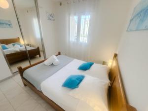 a bedroom with a bed with blue pillows and a mirror at Le Mirevalais-Entre Montpellier et Sète-Clim & parking privé in Mireval
