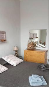 a bedroom with a bed with a dresser and a mirror at Casa con vista a Santa Maria Coghinas in Santa Maria Coghinas