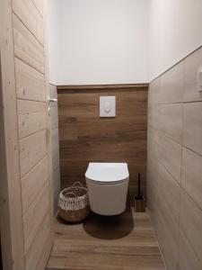 a bathroom with a white toilet and a wooden wall at La Petite Ferme Aux Prés in Saint-Germain-Lespinasse