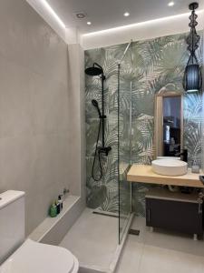 a bathroom with a shower and a sink and a mirror at Amvrakia Studio in Preveza +5 photos