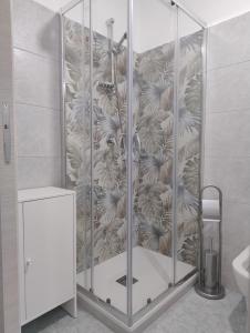 a shower with a glass wall in a bathroom at La Casa Di Nonna Lucrezia in Orsomarso