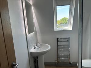 a white bathroom with a sink and a window at Hayes Lodge Coach House in Chulmleigh +15 photos