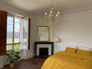- une chambre avec un lit, une cheminée et un lustre dans l'établissement Suite privative au Domaine des Étoiles du Gâtinais, à La Celle-sous-Gouzon