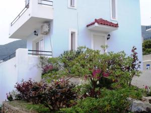 Agía Paraskeví的住宿－Beautiful Villa in Agia Paraskevi Samos，前面有鲜花的白色建筑