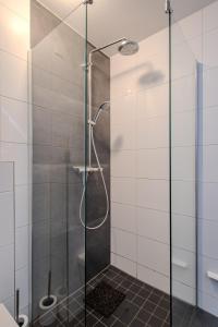 a shower with a glass door in a bathroom at Perfect Stay Holiday, Sea View in Egmond aan Zee +29 photos