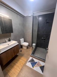 a bathroom with a shower and a sink and a toilet at Fred apartment in Nea Fokea