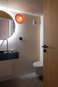 a bathroom with a toilet and a sink and a mirror at Coelho 145 in Porto