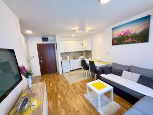 a living room with a couch and a tv and a table at Mirabela Apartman Sokobanja in Soko Banja