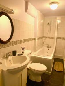 a bathroom with a toilet and a sink and a tub at Outstanding Llangollen Riverside Apartment in Llangollen