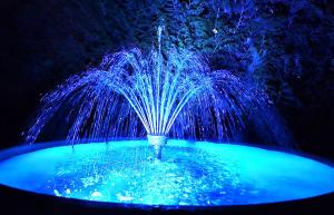 a blue lighted fountain in a pool of water at Zimmer Hohbuch mit Achalmblick in Reutlingen