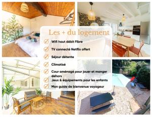 a collage of photos of a home with a flyer at Escapade en Val de Saône T4 familial & jardin in Thoissey +20 photos