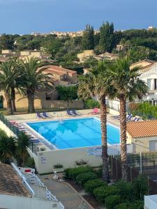 a view of a swimming pool with palm trees at Village naturiste Appart B Port Soleil in Cap d'Agde