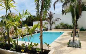 圣塔芭芭拉-山美纳Villa Dylan Samana, 3Br with pool的棕榈树度假村中心的一个游泳池
