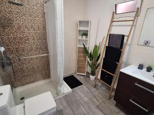 a bathroom with a shower and a toilet and a sink at Palheiro do Fontenário in Funchal