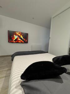 a bedroom with a black pillow on a bed at Studio neuf très calme in Poligny