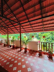 a large room with potted plants on a balcony at Reevilla in Madikeri