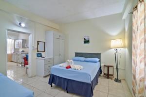 a bedroom with two beds with blue sheets and a lamp at Nature’s Paradise in Kingstown