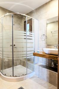 a bathroom with a glass shower and a sink at To Mpalkoni in Chorefto
